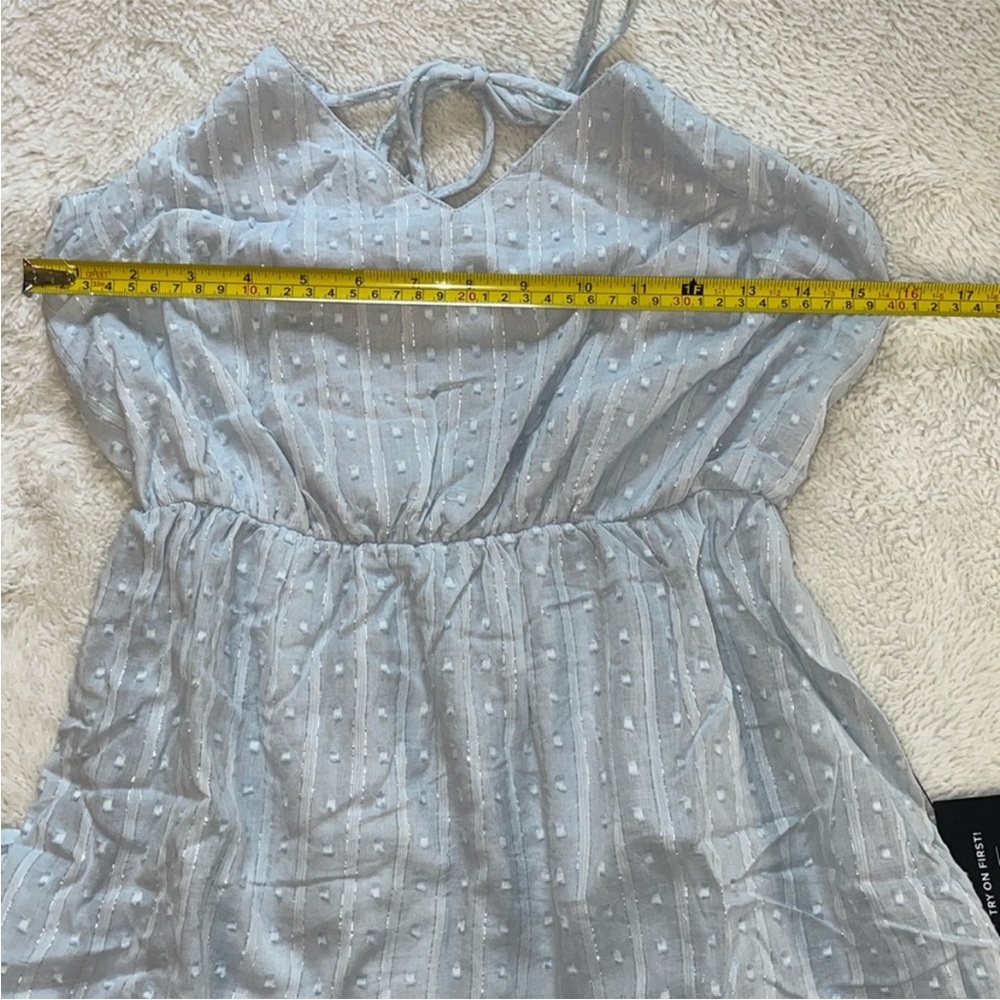 Lulus Sunny Reverie Light Blue Swiss Dot Lurex Halter Midi Dress - Picture 8 of 9